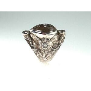 Rutile Quartz Cabochon Ring Sterling Carved Silver Aquamarine Sz 9.5